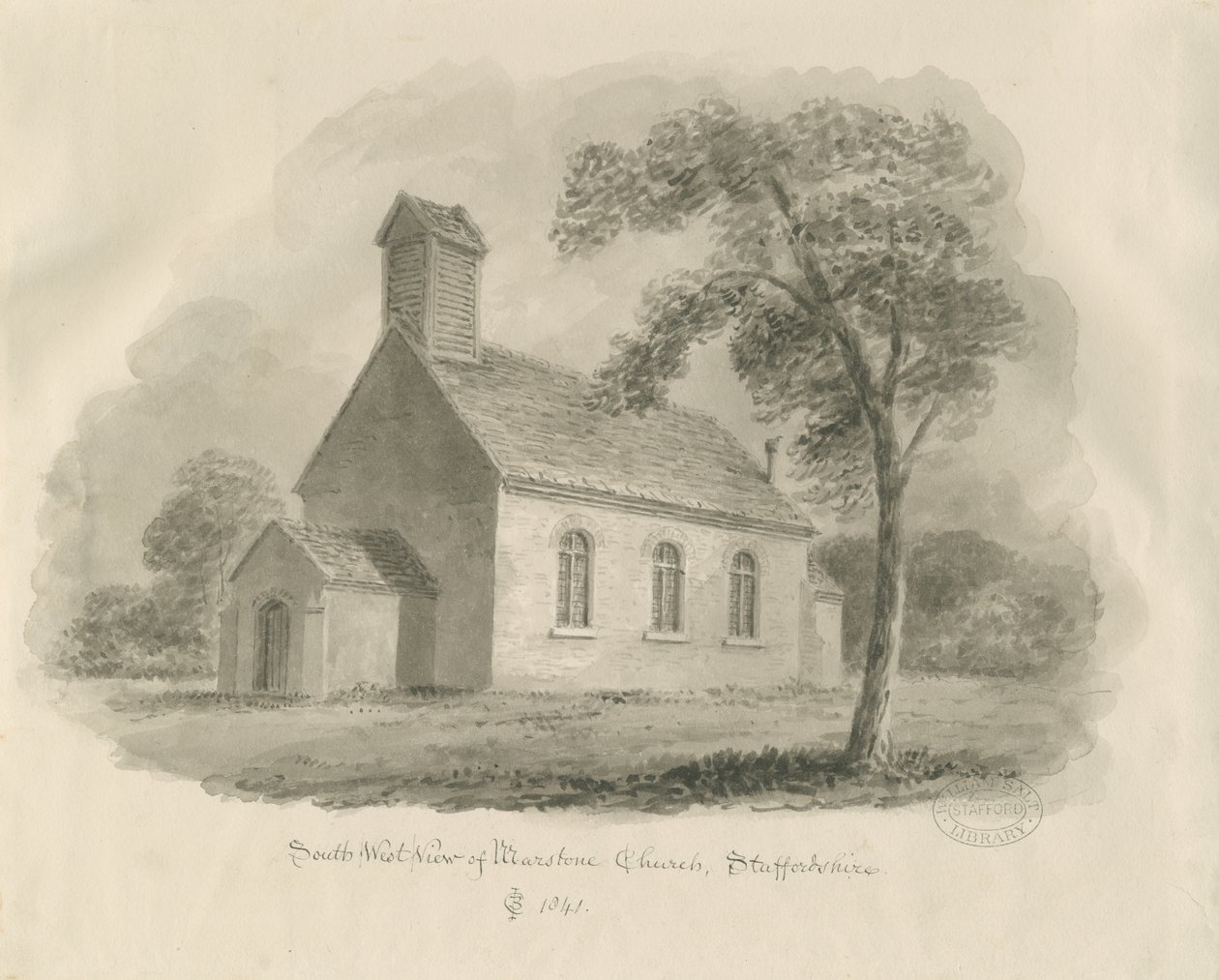 Stafford - Marston Chapel: seepiapiirros (vinjetoitu) tekijältä John Chessell Buckler