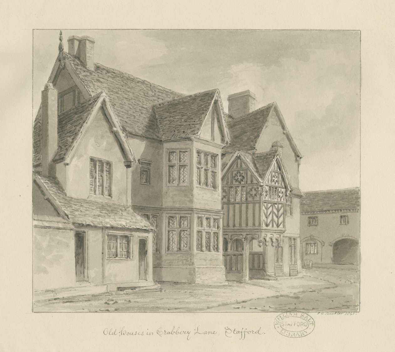 Stafford - Old Houses in Crabbery Lane: seepiapiirros, 1841 tekijältä John Chessell Buckler