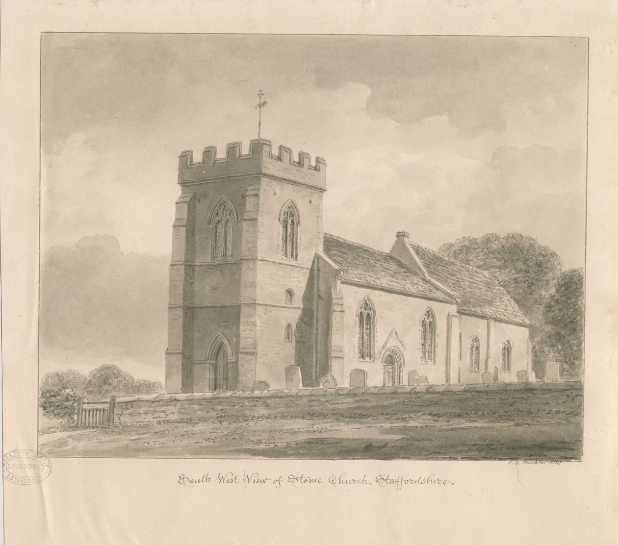 Stowe Church: seepiapesupiirros tekijältä John Chessell Buckler