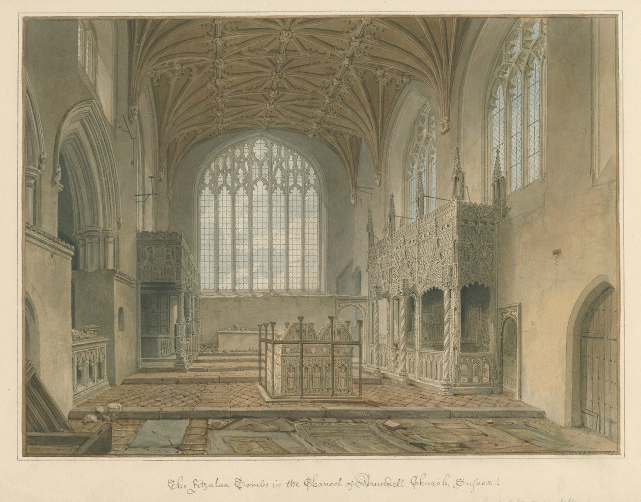 Sussex - Arundelin kirkko - Fitzalanin haudat, 1825 tekijältä John Chessell Buckler