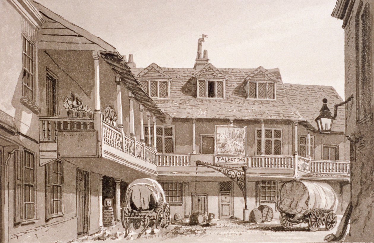 Tabard Inn Borough High Streetillä, Southwarkissa, Lontoossa, 1827. tekijältä John Chessell Buckler