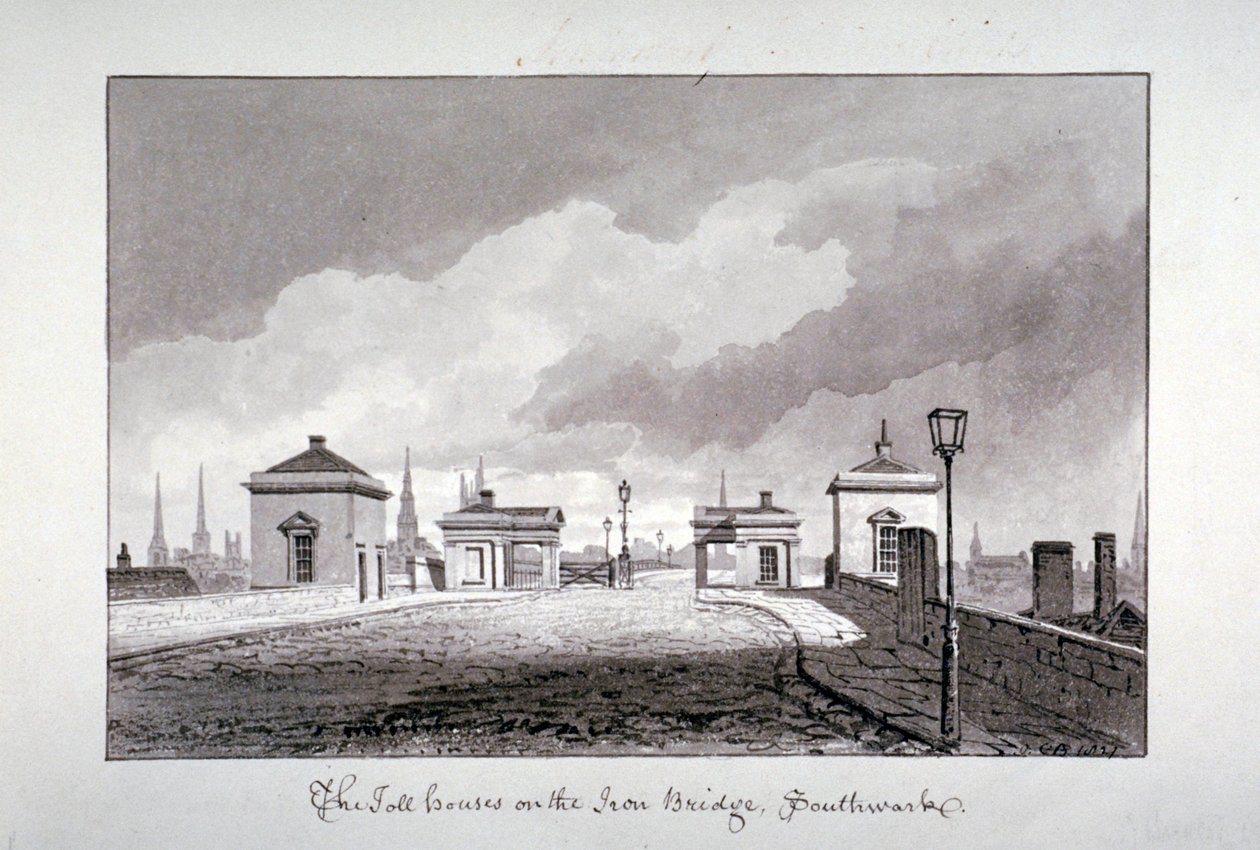 Maksullisia taloja Southwark Bridgellä Lontoossa, 1827. tekijältä John Chessell Buckler