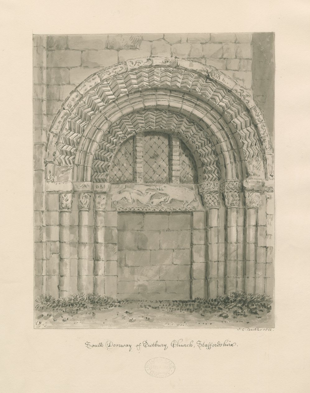 Tutbury Priory Church - South Doorway: seepiapesupiirros, 1812 tekijältä John Chessell Buckler