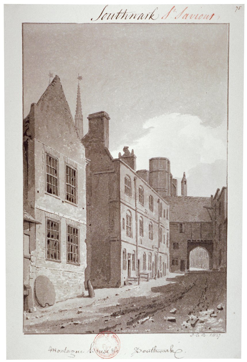 Näkymä kohti Montague Housen porttia, Southwark, Lontoo, 1827 tekijältä John Chessell Buckler