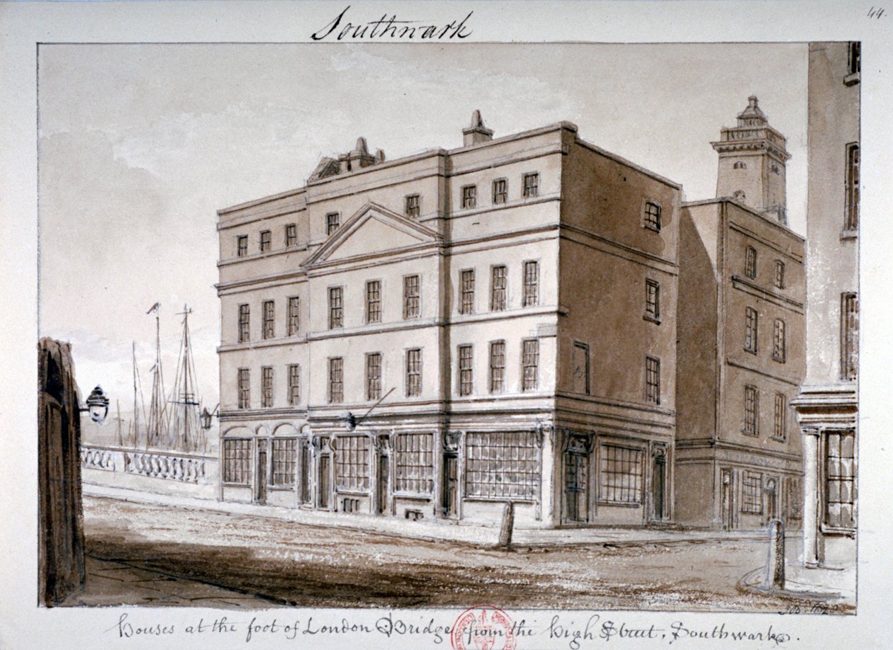 Näkymä Borough High Streetille ja London Bridgen kulmaan, Southwark, Lontoo, 1828 tekijältä John Chessell Buckler