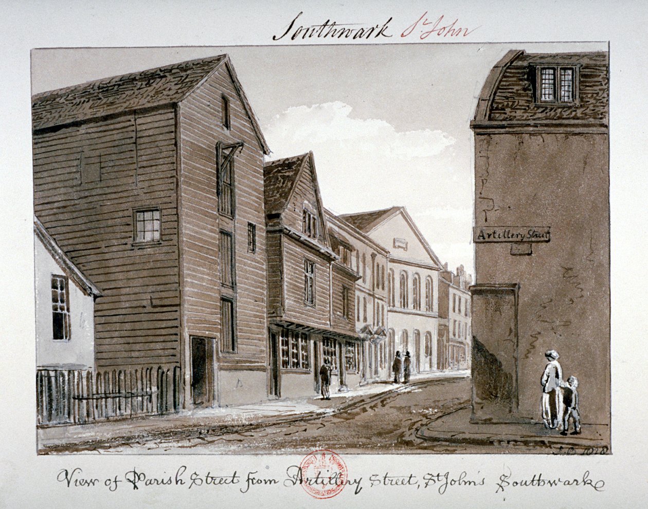 Näkymä Parish Streetille ja Artillery Streetille, Bermondsey, Lontoo, 1828 tekijältä John Chessell Buckler