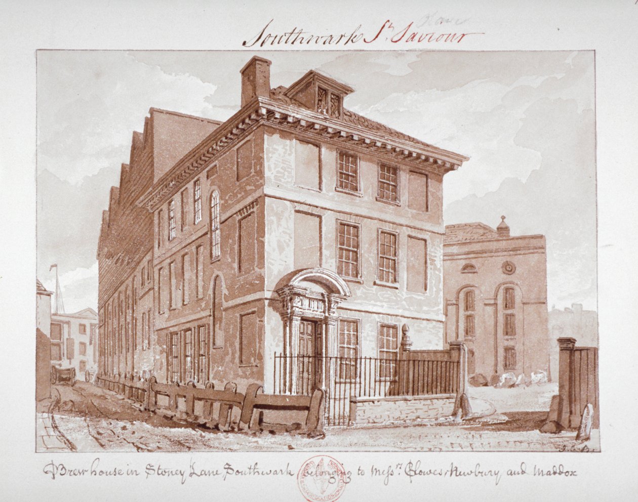 Näkymä panimotalosta Stoney Lanella, Bermondseyssa, Southwarkissa, Lontoossa, c1827 tekijältä John Chessell Buckler