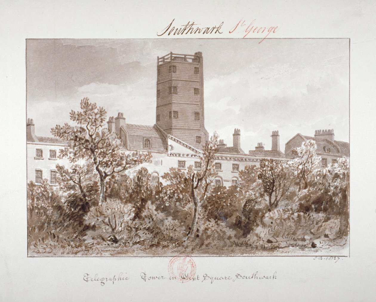 Näkymä lennätintornista West Squarella, Southwarkissa, Lontoossa, 1827 tekijältä John Chessell Buckler
