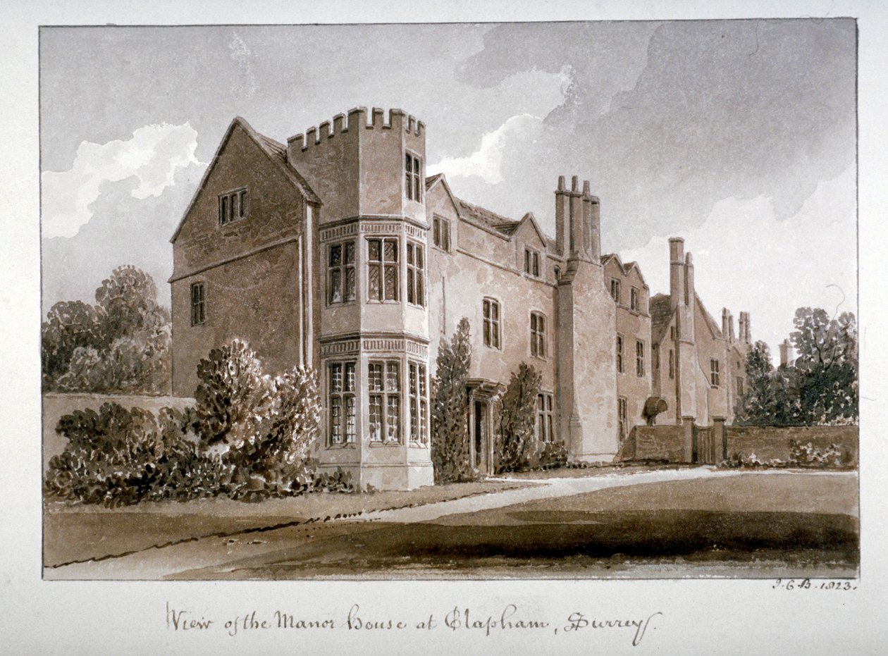 "Näkymä Manor Housesta Claphamissa, Surreyssa", 1823. tekijältä John Chessell Buckler