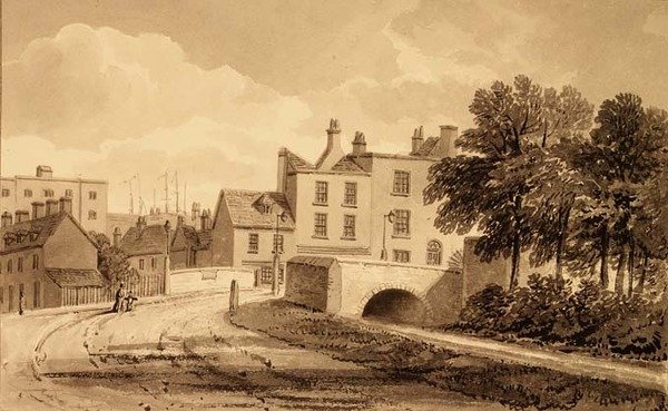 Näkymä Mill Pond -sillalle, Bermondsey tekijältä John Chessell Buckler