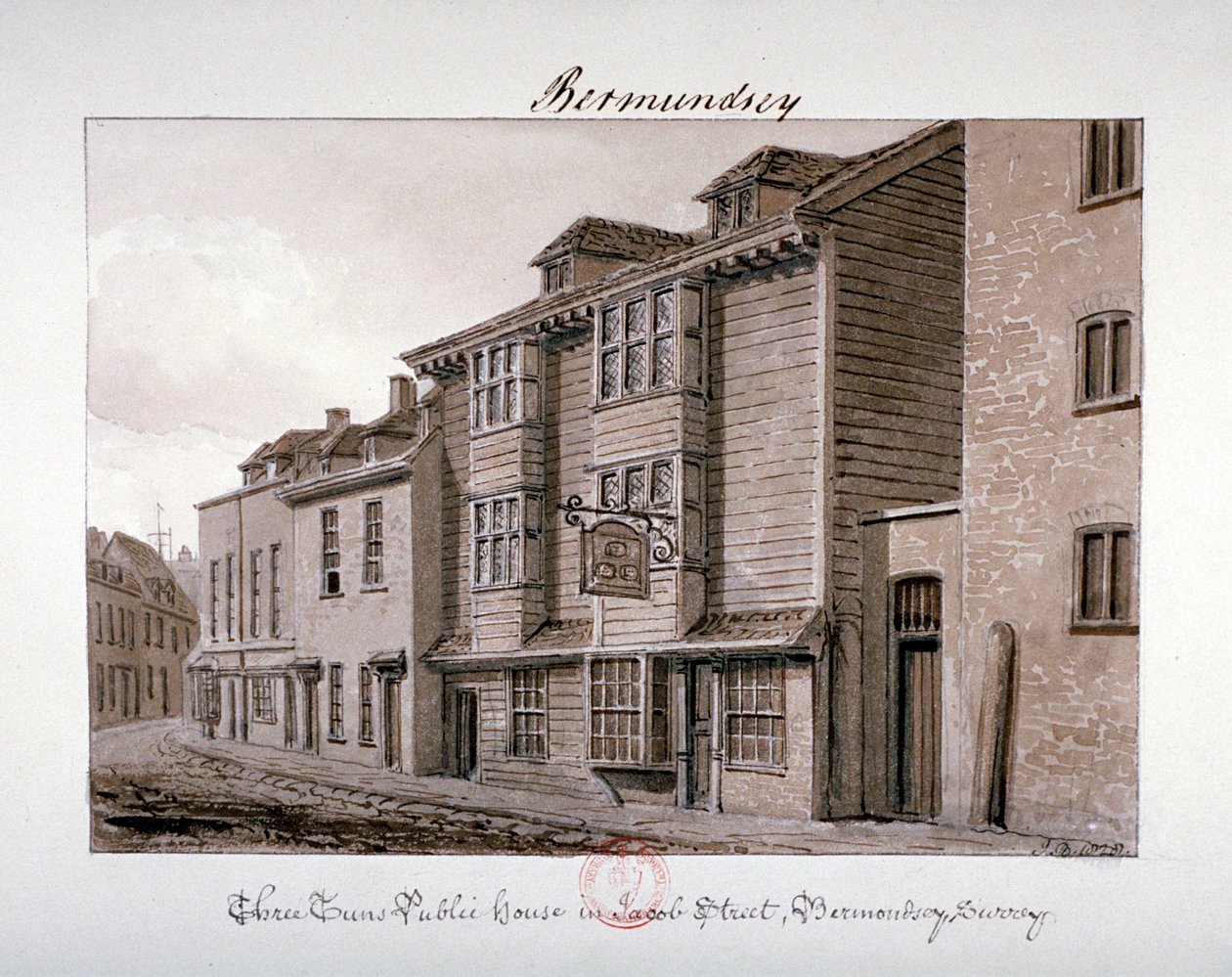 Näkymä Three Tunsin pubitalosta Jacob Streetillä, Bermondseyssa, Lontoossa, 1828 tekijältä John Chessell Buckler
