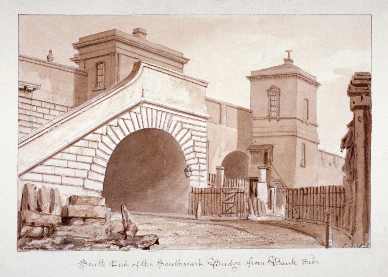 Näkymä Southwark Bridgen eteläpäästä Banksidesta, Southwark, Lontoo, 1828 tekijältä John Chessell Buckler