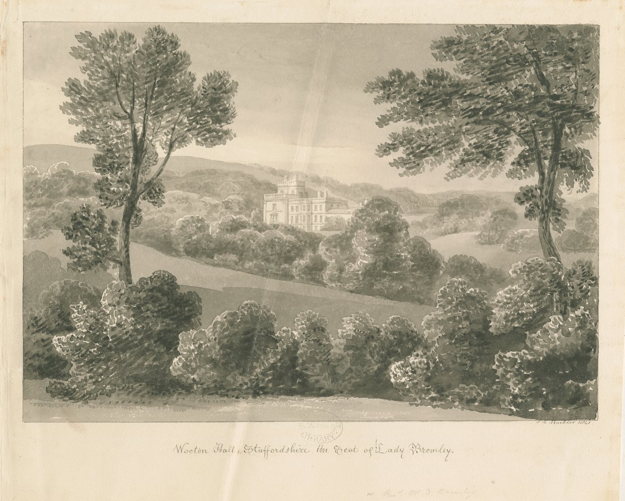 Wootton Lodge: seepiapiirros, 1841 tekijältä John Chessell Buckler