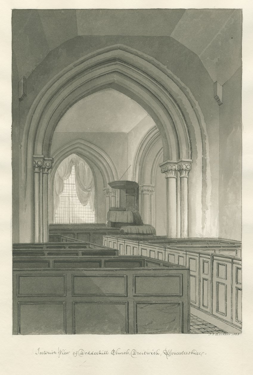 Worcestershire - Droitwich - Dodderhill Church Sisustus: seepiapiirustus tekijältä John Chessell Buckler