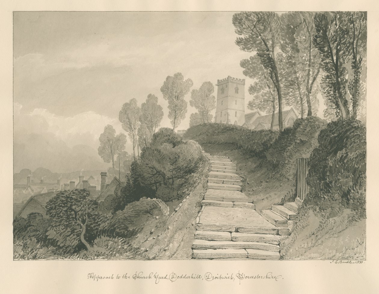 Worcestershire - Droitwich - Dodderhillin kirkko: seepiapiirros, 1833 tekijältä John Chessell Buckler