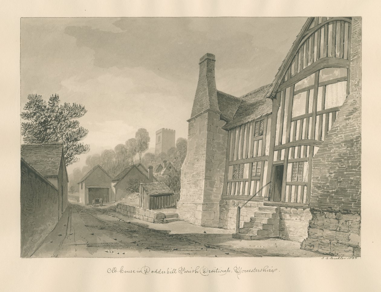 Worcestershire - Droitwich - Dodderhill Old House: seepiapiirustus tekijältä John Chessell Buckler