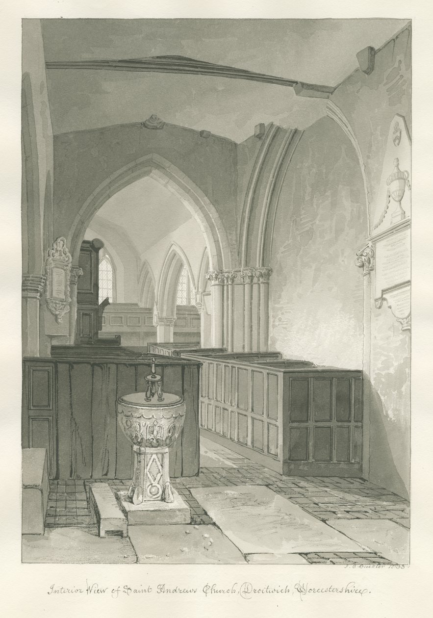 Worcestershire - Droitwich - Pyhän Andreaksen kirkon sisustus: seepiapiirustus, 1833 tekijältä John Chessell Buckler