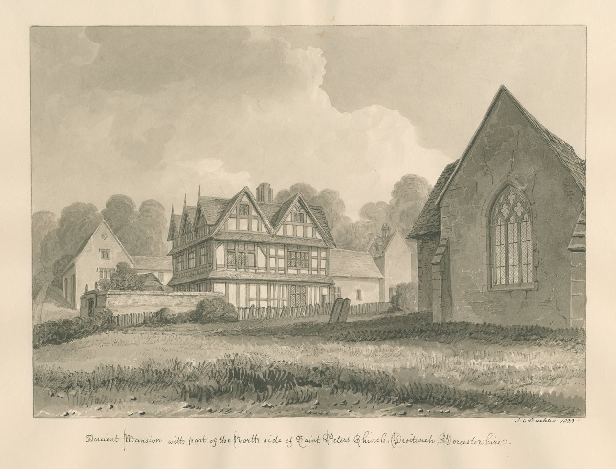 Worcestershire - Droitwich - Pyhän Pietarin kirkko Muinainen kartano: seepiapiirustus, 1833 tekijältä John Chessell Buckler