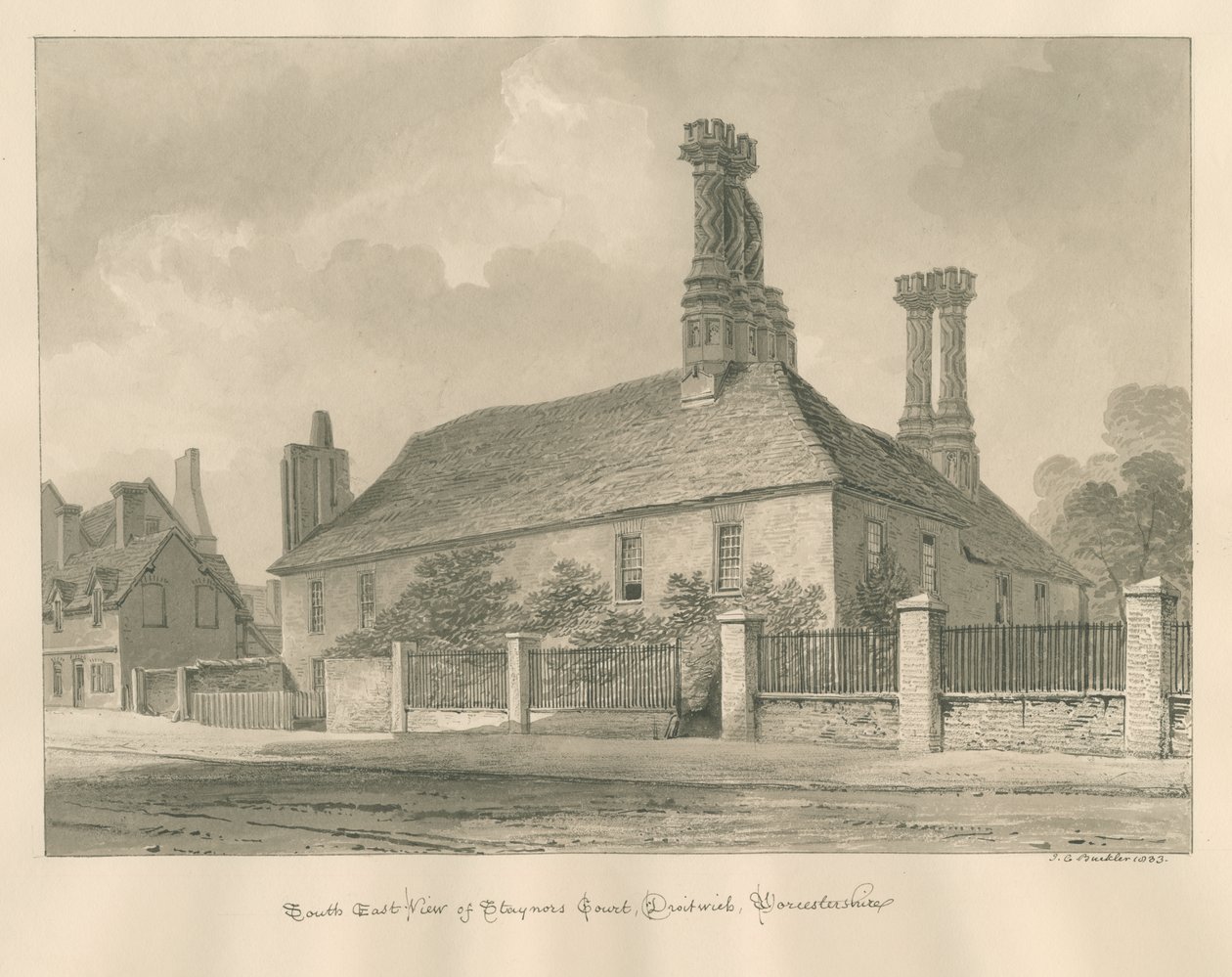Worcestershire - Droitwich - Staynors Court: seepiapiirros, 1833 tekijältä John Chessell Buckler