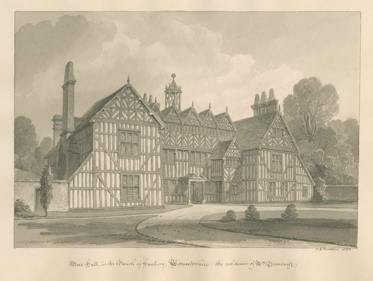 Worcestershire - Hanbury - Meer Hall: seepiapiirros tekijältä John Chessell Buckler