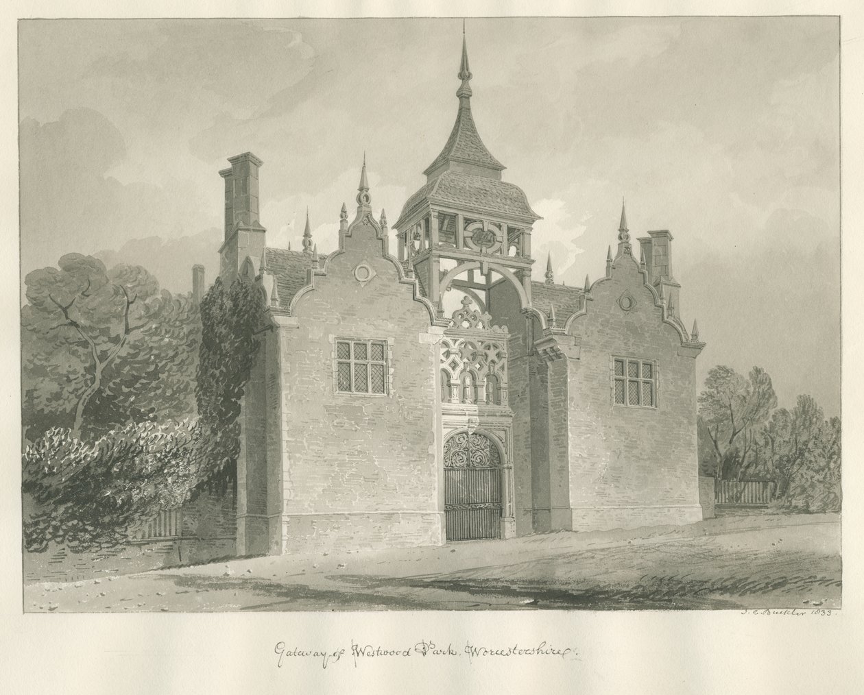 Worcestershire - Westwood Park - Sisäänkäyntiportti: seepiapiirros, 1833 tekijältä John Chessell Buckler