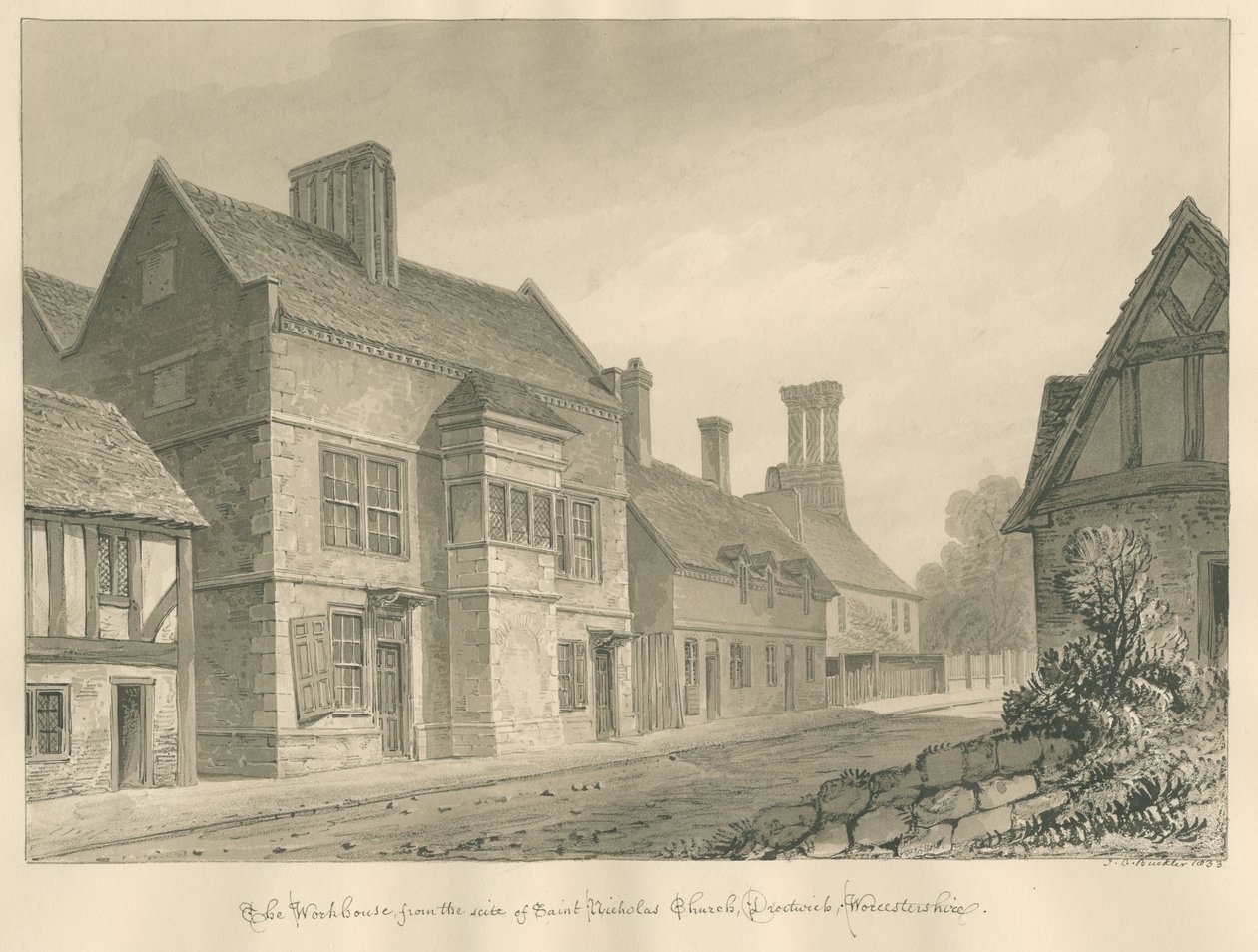 Worcestershire - Droitwich - Workhouse: seepiapiirustus tekijältä John Chessell Buckler