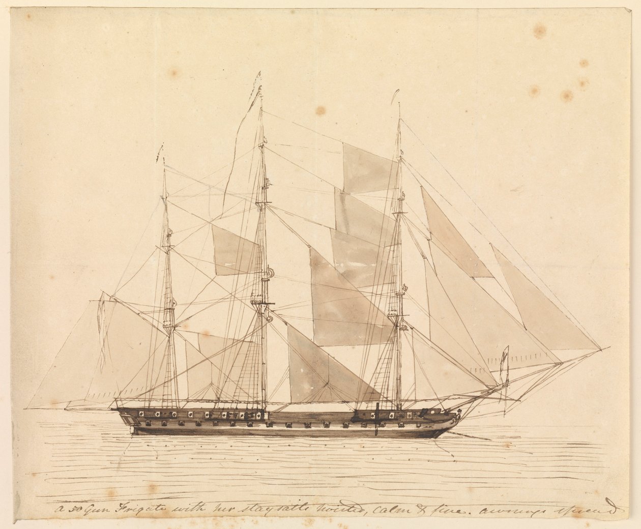 50-tykkinen fregatti, jonka purjeet on nostettu, tyyni ja hieno, markiisit levitetty, 1800-luvun puoliväli (tussi ja ruskea tussi ja ruskea tussi). tekijältä John Christian Schetky