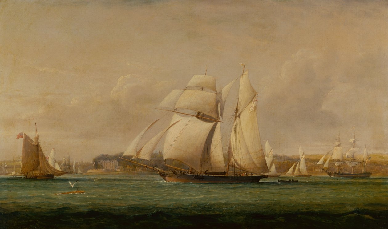 Top Sail Schooner, kaksi Royal Yacht Squadron Cutteria ja amerikkalainen kauppalaiva (öljy) tekijältä John Christian Schetky