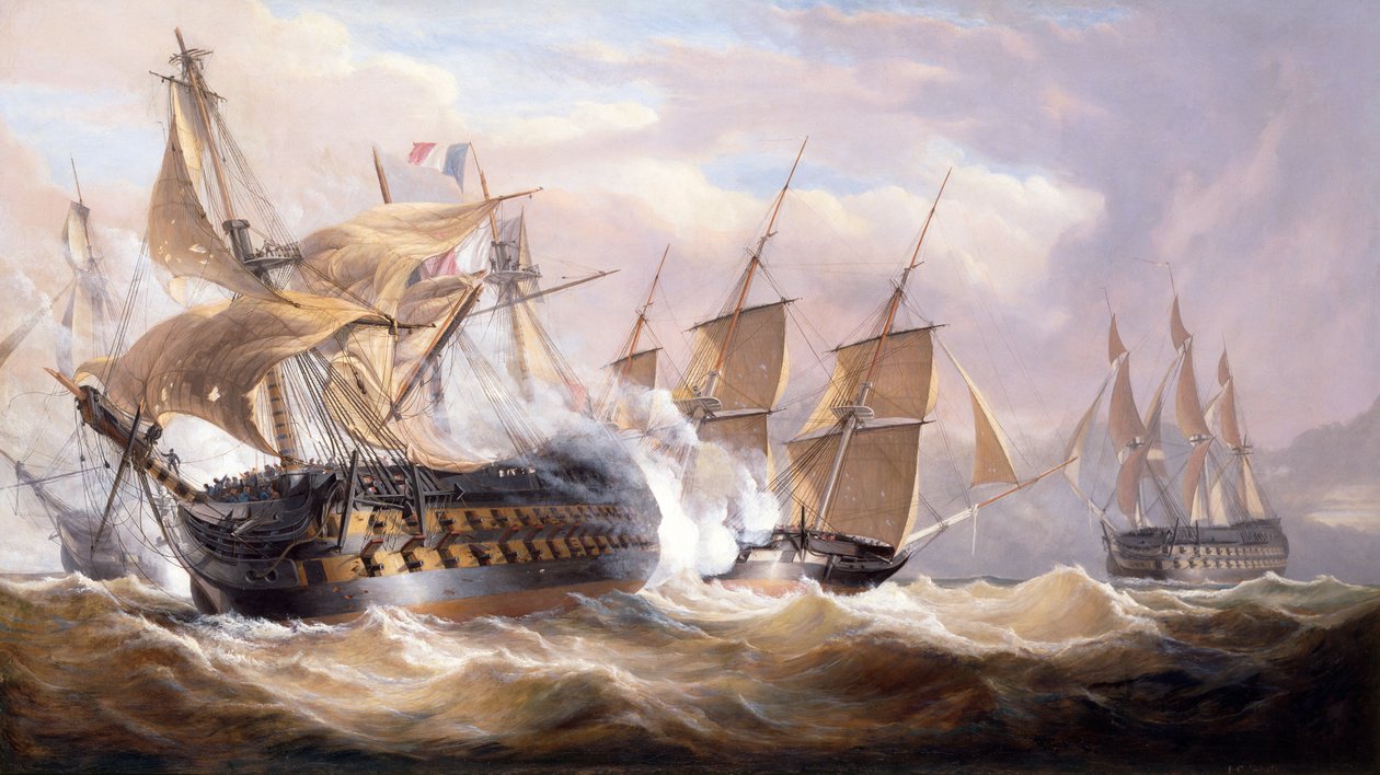 Maltan H.M.S.Penelope ja H.M.S. Lanne kihloissa Guillaume Tellin kanssa saarron aikana, 30. maaliskuuta 1800 (öljy kankaalle) tekijältä John Christian Schetky