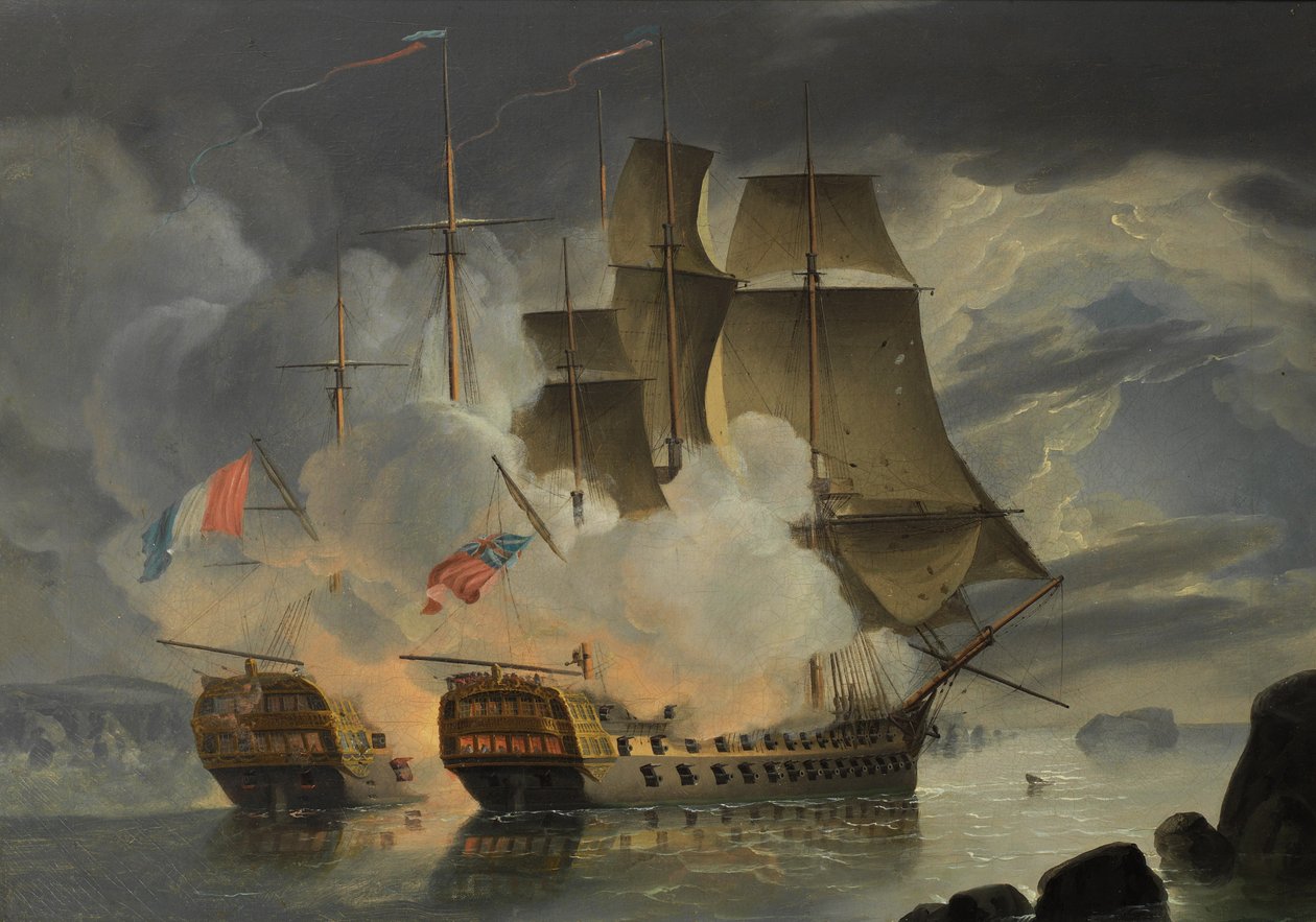 H.M.S. Marsin ja ranskalaisen 74 Hercule -aluksen välinen raivokas taistelu Brestin edustalla 21. huhtikuuta 1798. tekijältä John Christian Schetky
