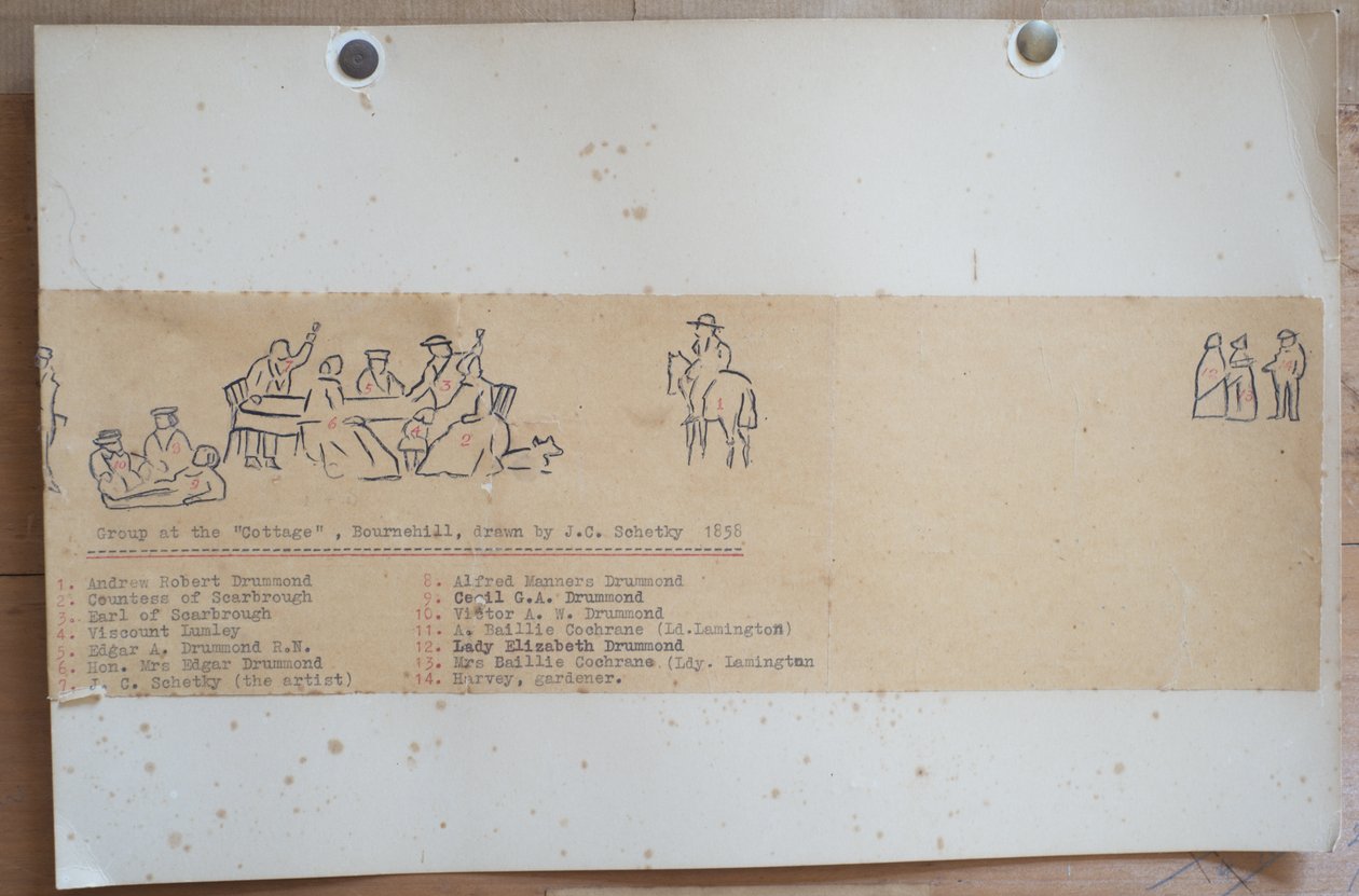 Ryhmä mökissä, Bournehill, 1858 (muste paperille) tekijältä John Christian Schetsky
