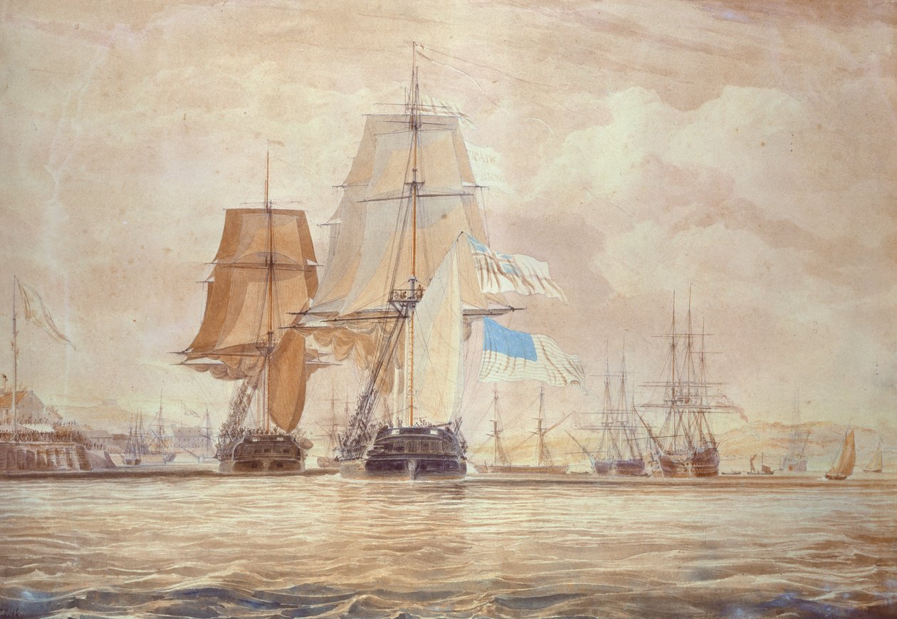 HMS "Shannon" johti "Chesapeaken" Halifaxin satamaan, 1813 tekijältä John Christian Schetsky