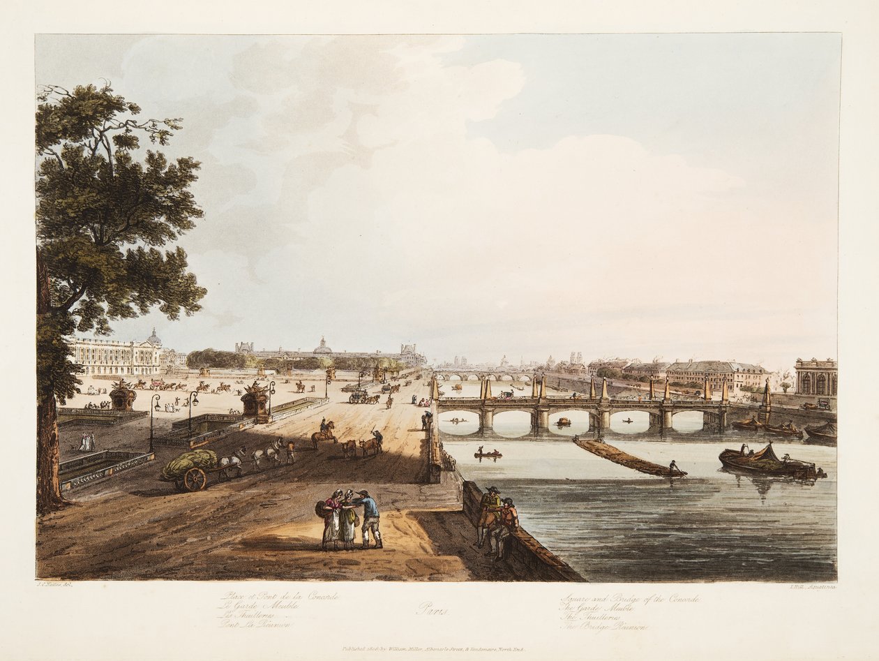 Concorden aukio ja silta; Garde Meuble; Thuilleries; Bridge Reunion, kuvitus "Versailles, Paris and Saint Denis", pubi. 1806 (akvatinta) tekijältä John Claude (after) Nattes