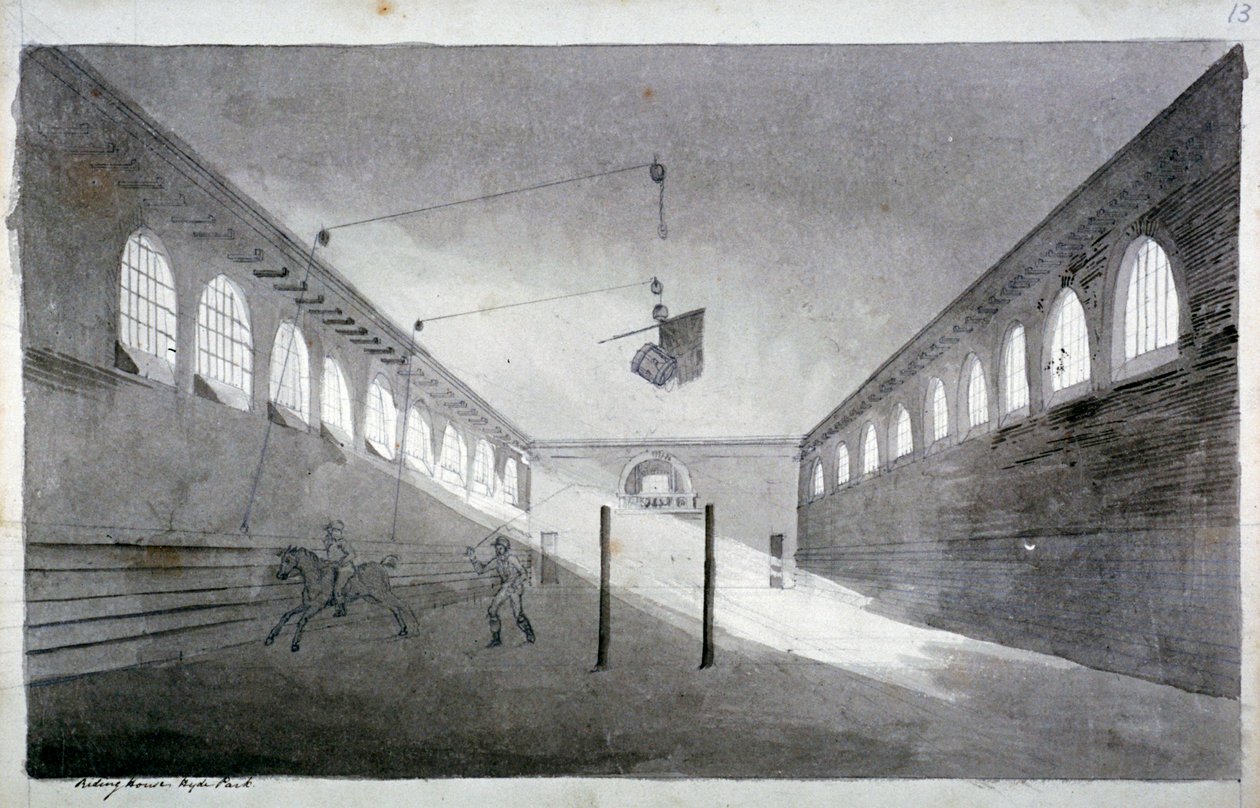 Ratsastustalon sisäkuva, Hyde Park, Lontoo, c1811 tekijältä John Claude Nattes