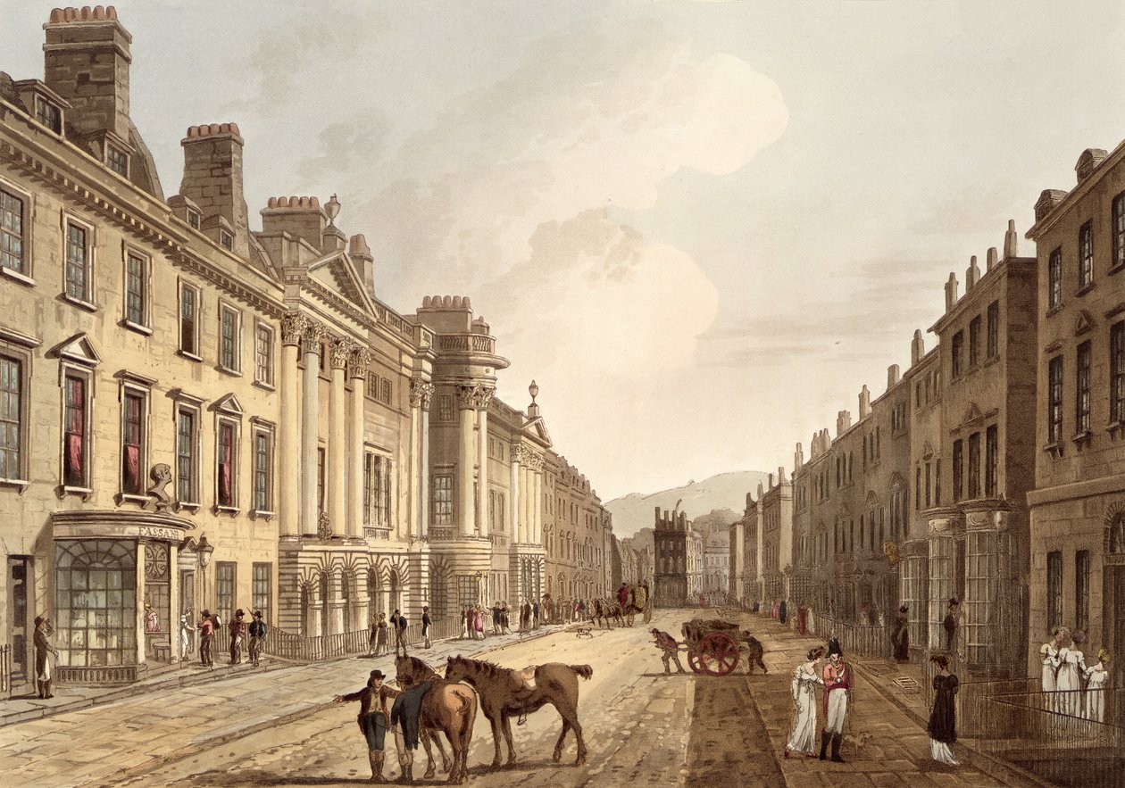Milsom Street, teoksesta "Bath Illustrated by a Series of Views", kaivertanut John Hill (1770-1850) -pubi. kirjoittanut William Miller, 1805 (akvatinta) tekijältä John Claude Nattes