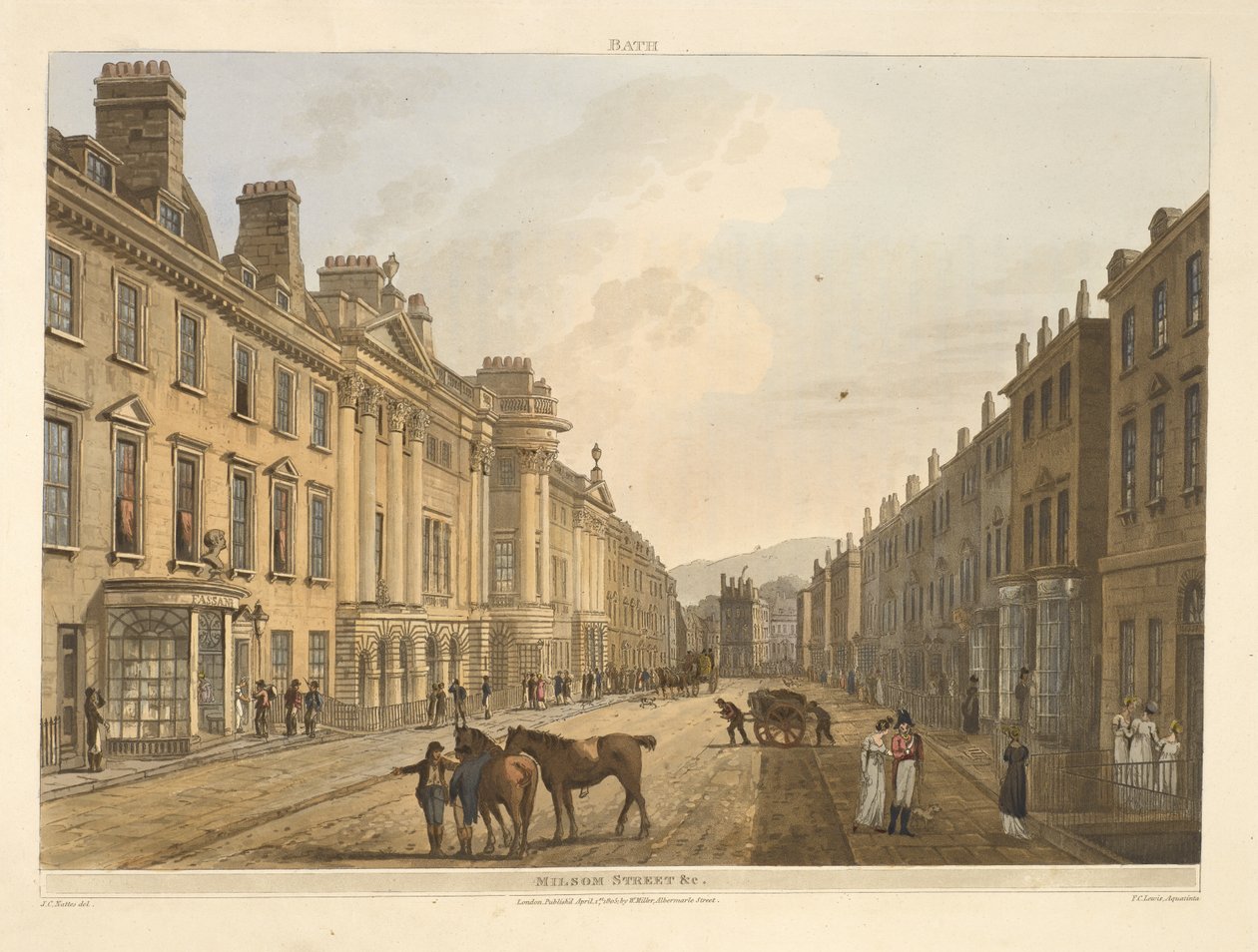 Milsom street.Bath, jota havainnollistaa kuvasarja J. C. Nattesin piirustuksista; kuvaukset jokaiselle levylle.John Claude Nattes1806 tekijältä John Claude Nattes