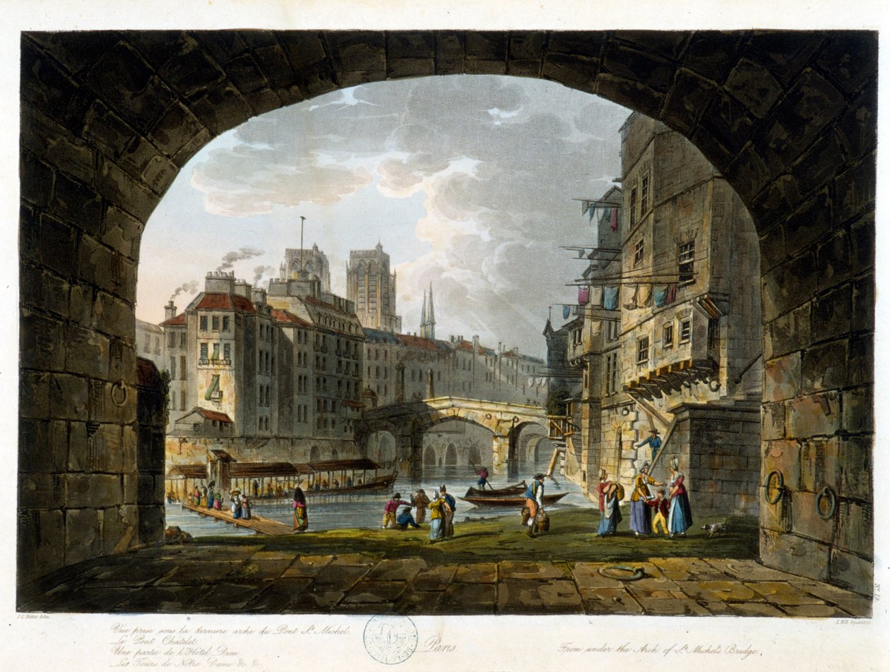 Paris: Pont Chatelet tai Peute Pont - julkaisussa ””Paris vu par J.C. Mattes”, toim. Miller, Lontoo tekijältä John Claude Nattes