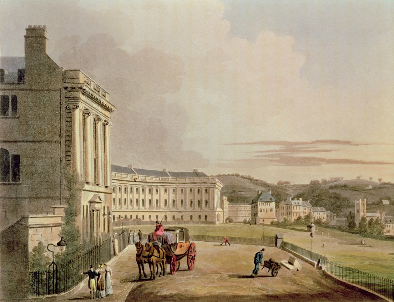 The Crescent, yksityiskohta kadusta, teoksesta Bath Illustrated by a Series of Views, kaiverrettu John Hill 1770-1850 julkaissut William Miller, 1804, akvatintti yksityiskohta teoksesta 92988. tekijältä John Claude Nattes