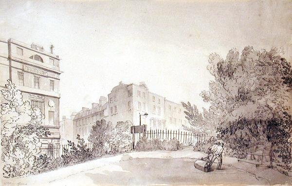 Näkymä Fitzroy-aukiolle, jossa kaksi hahmoa vetää puutarharullaa, n. 1808 (muste ja pesu paperille) tekijältä John Claude Nattes