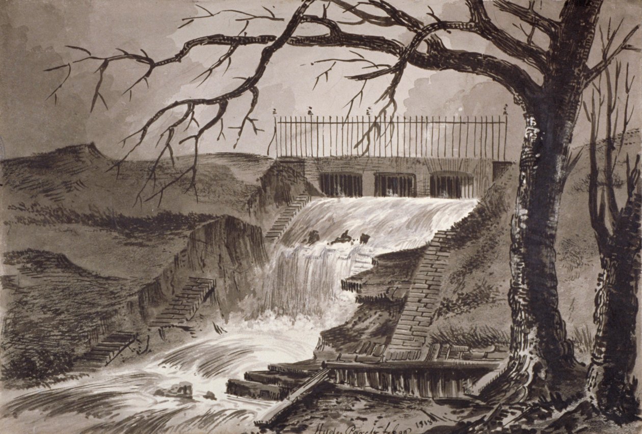 Näkymä Serpentinen ulostulosta, Hyde Park, Lontoo, 1818. tekijältä John Claude Nattes