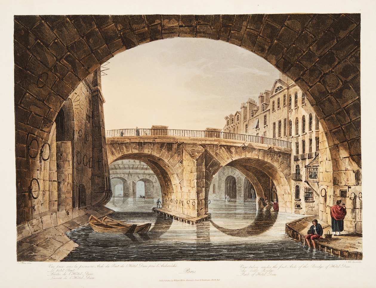 Näkymä Hotel Dieun sillan ensimmäisen kaaren alta, Pieni silta, osa Hotel Dieua, kuvitus Versaillesista, Pariisista ja Saint Denisistä, pubista. 1809 (akvatintta) tekijältä John Claude Nattes