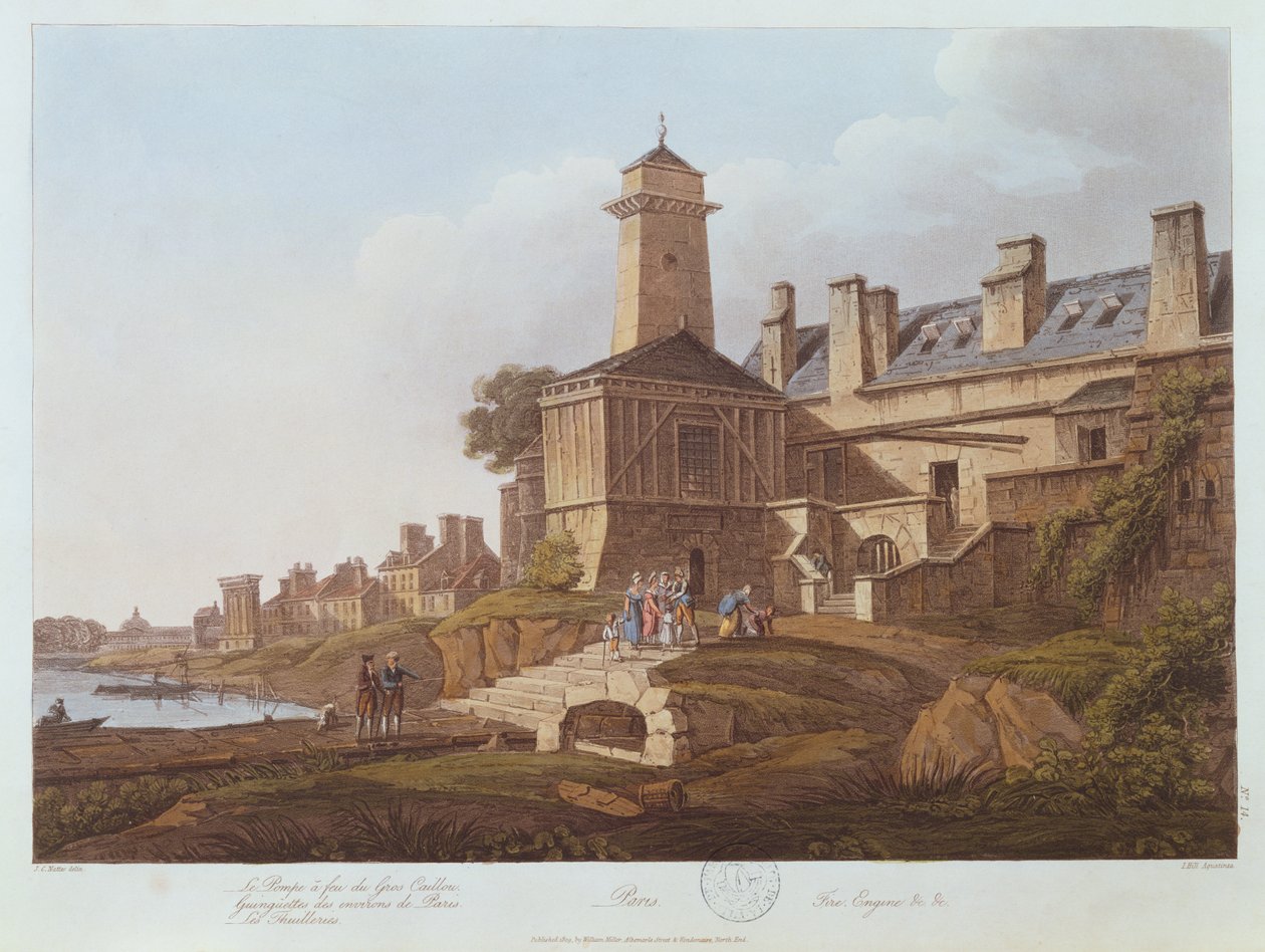 Gros-Cailloun höyrypumppu, 1810 (väriakvatinta) tekijältä John Claude after Nattes