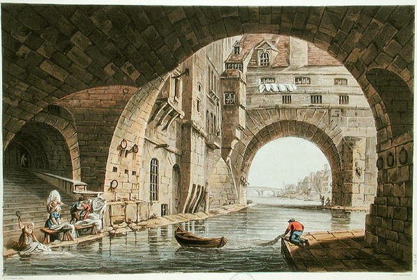 Hotel-Dieun pesupaikka ja Pont de la Tournellen, kaiverrus I. Hill, 1810 (akvatinta) tekijältä John Claude after Nattes