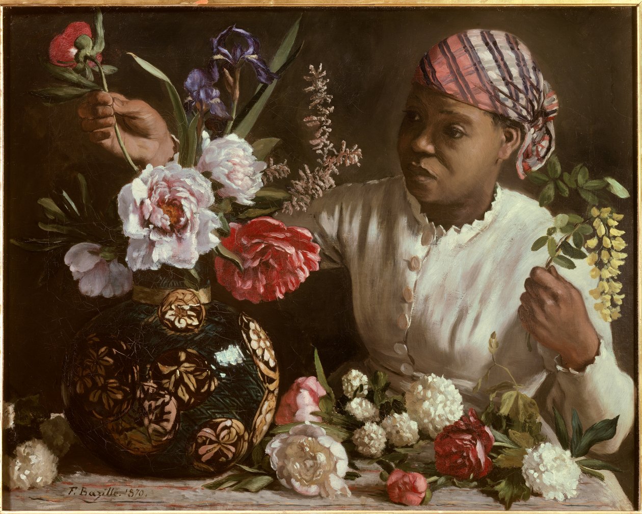 La negresse aux peonines Frederic Bazillen (1841-1870) maalaus 1870 Dim. 0,6x0,75 m Montpellier, musee Fabre - Musta nainen pionien kanssa. Frederic Bazillen (1841-1870) maalaus tekijältä John Clayton Adams