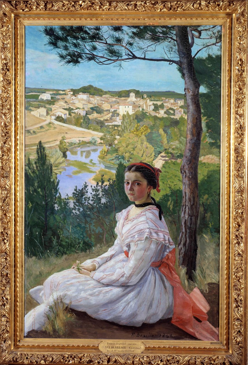 Kylänäkymä Nuori tyttö poseeraa Provencen maisemassa. Frederic Bazillen (1841-1870) maalaus 1868 su. 1,3x0,89 m Montpellier, Musee Fabre tekijältä John Clayton Adams