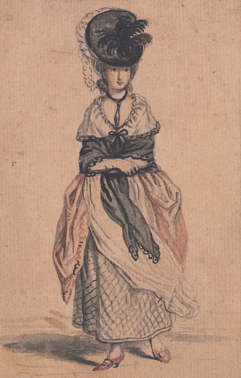 Lady of Fashion mustalla huivilla ja punaisilla kengillä tekijältä John Collet