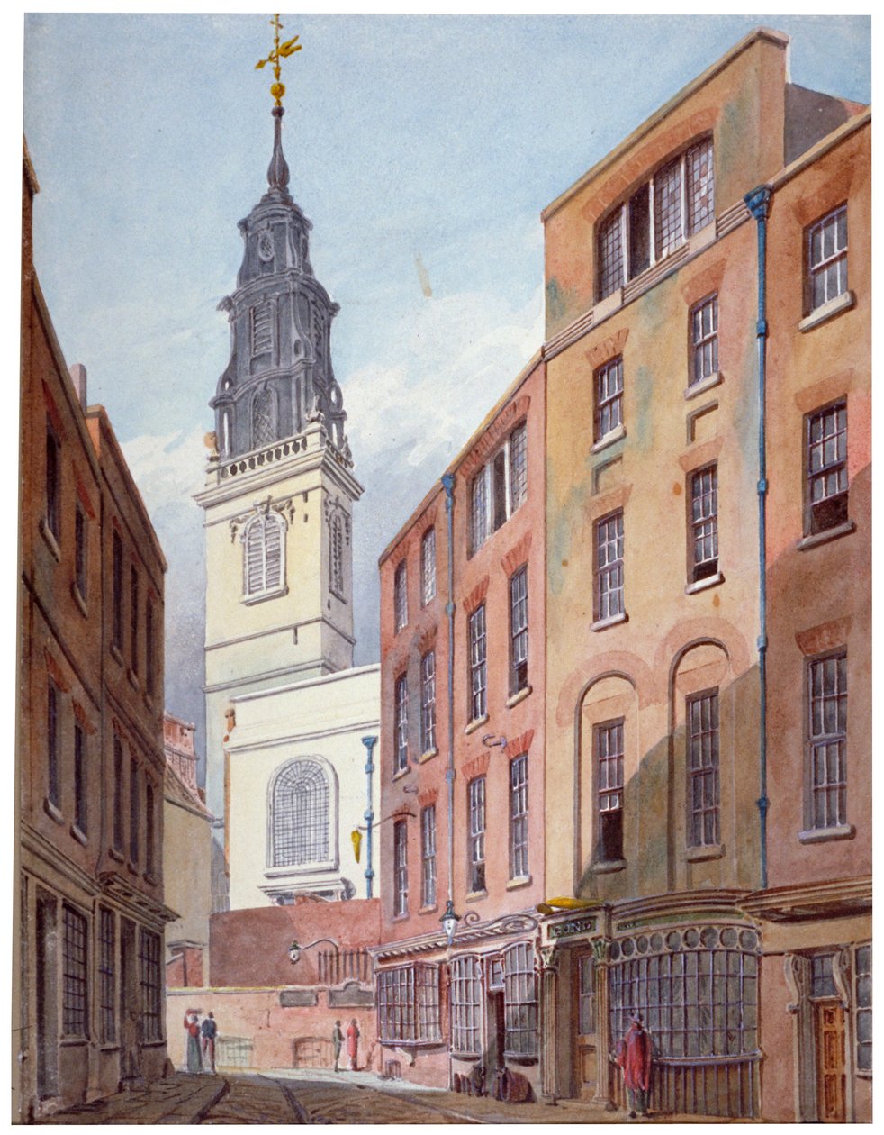 St Michaelin kirkko, Crooked Lane ja osa Crooked Lanea, Lontoon kaupunki, n. 1815. tekijältä John Coney