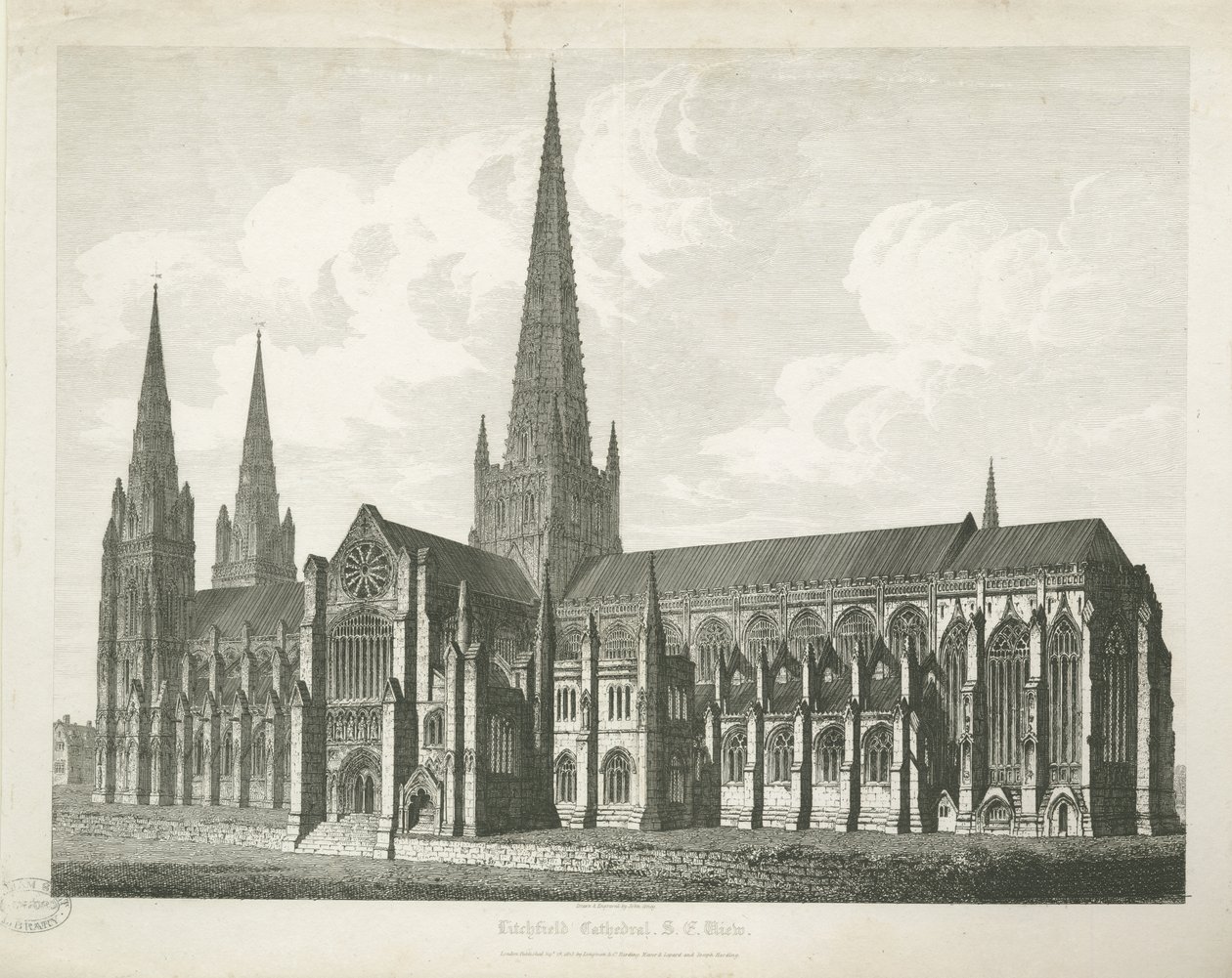 Lichfieldin katedraali - Kaakkoisnäkymä: kaiverrus, nd [c 1823] (tulostus) tekijältä John Coney