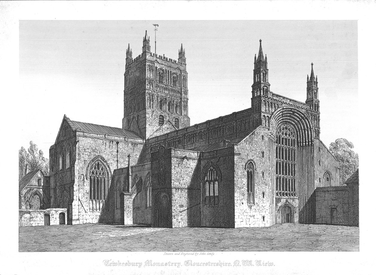 Tewkesburyn luostari, Gloucestershire, N. W. View, 1800-luvun alku. tekijältä John Coney
