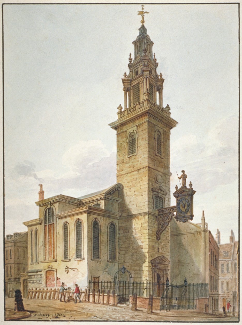 Näkymä St James Garlickhythen kirkolle, Lontoon kaupunki, 1811 tekijältä John Coney